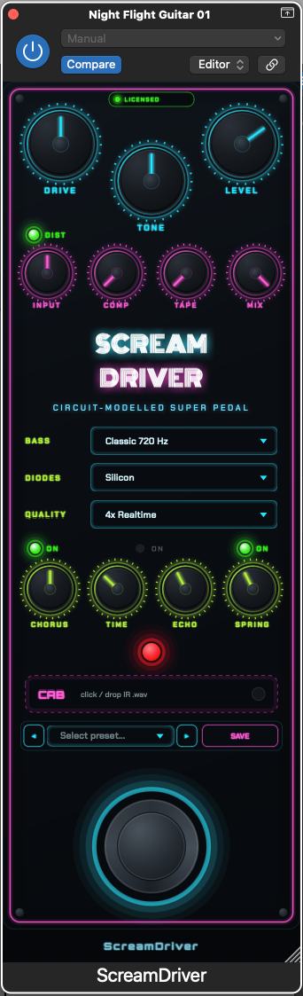 ScreamDriver interface — drive section, super FX row, and cabinet loader