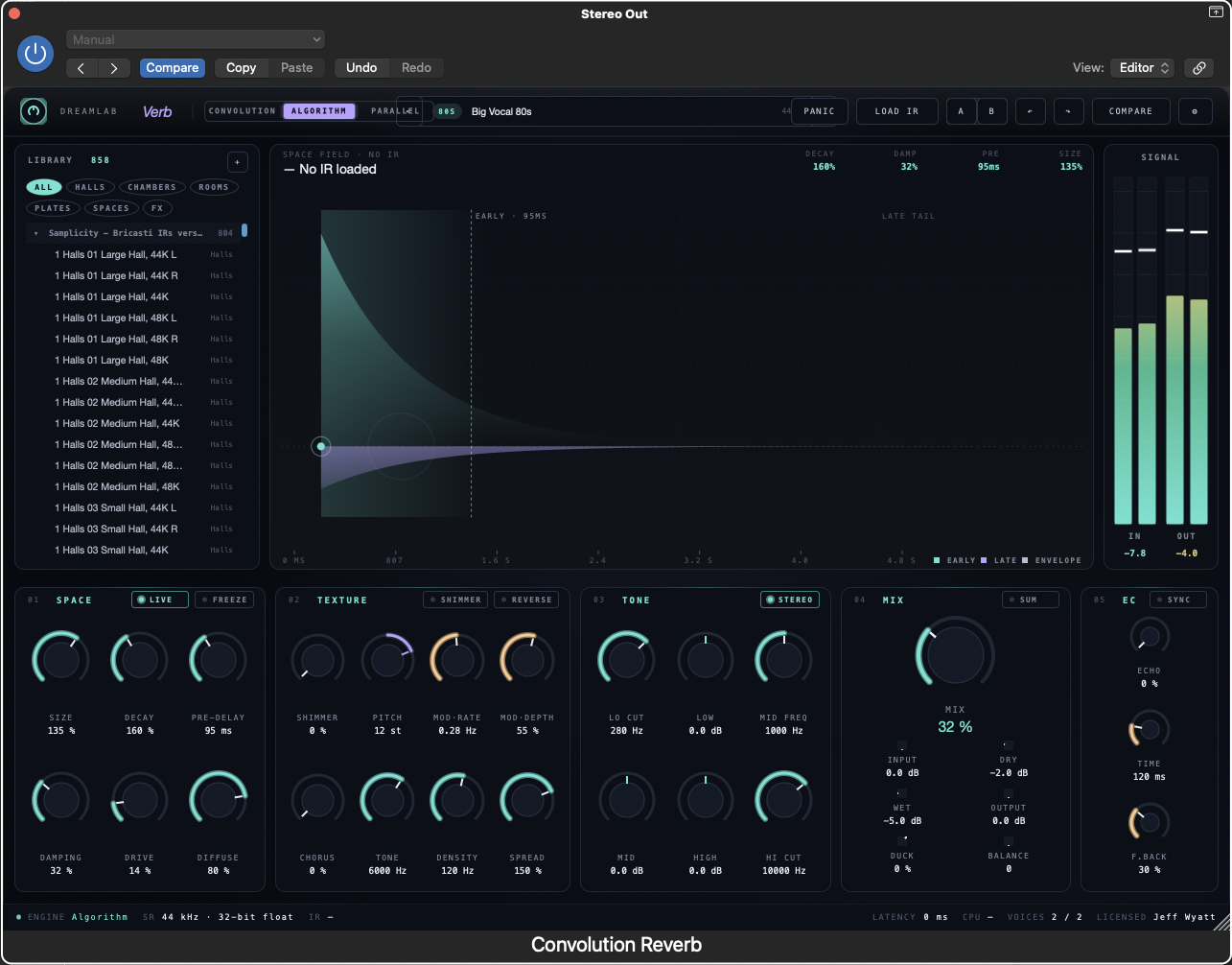 DreamLab Convolution Reverb interface showing IR library, waveform visualizer, and algorithm controls