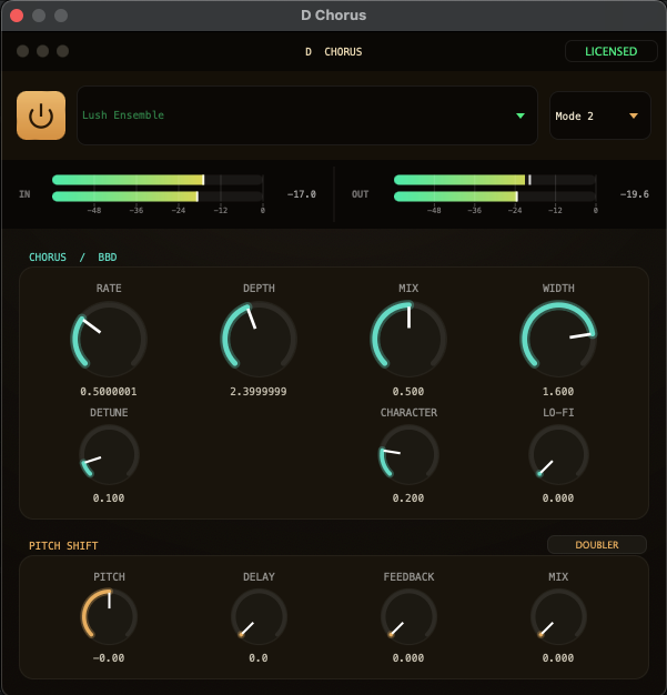 D Chorus interface — chorus section with BBD page, and the Pitch Shift section
