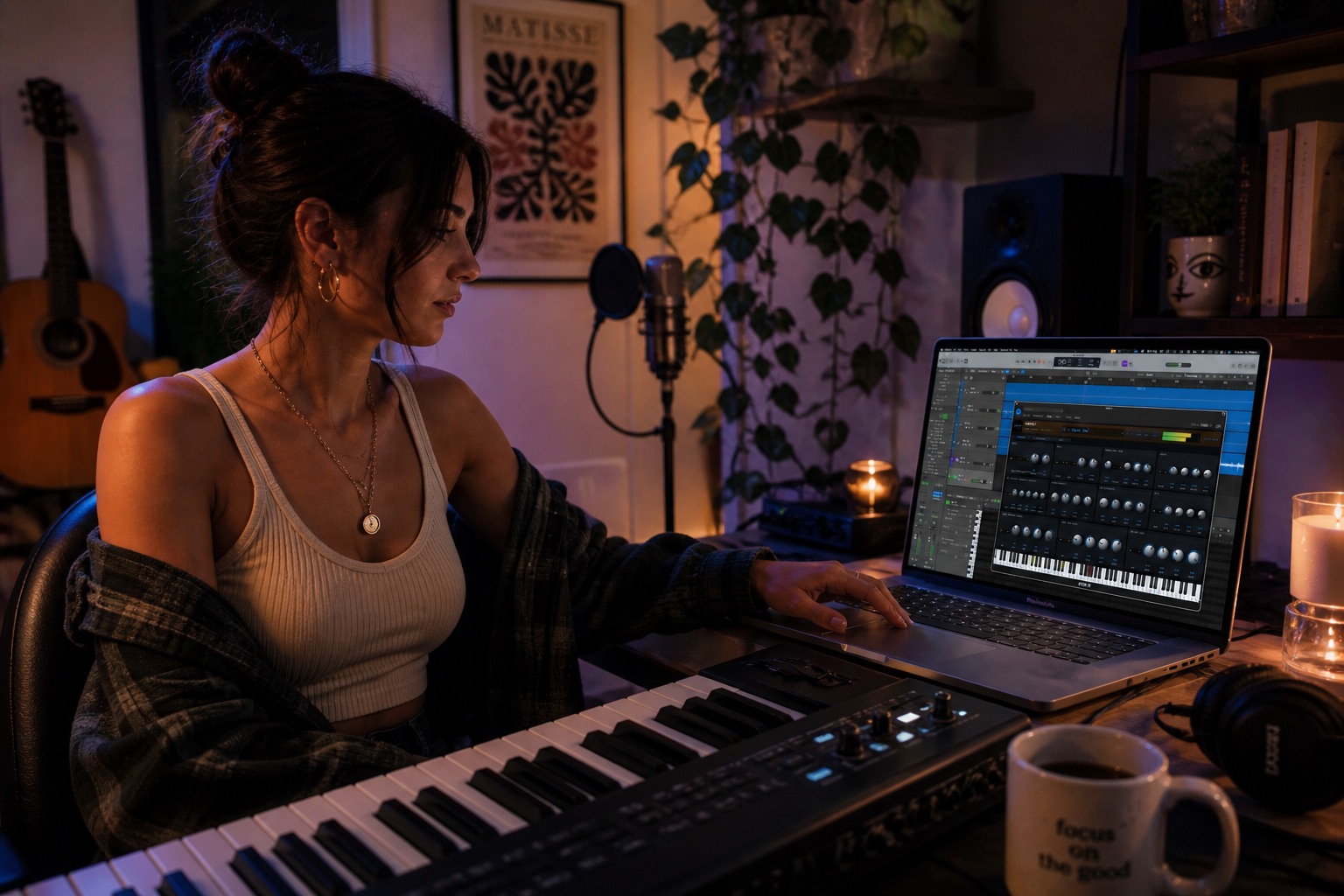 A producer at her workstation, DDM S1 open in the DAW, MIDI keyboard in front of her