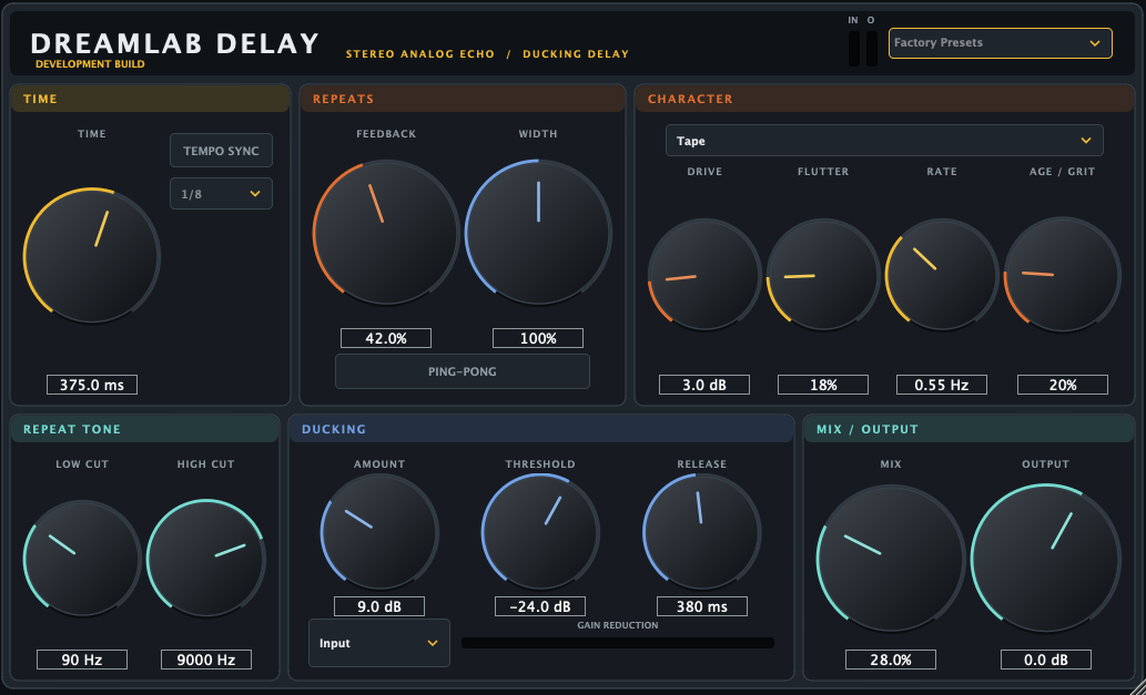 DL-DELAY interface — Time, Repeats, Character, Repeat Tone, Ducking and Mix / Output sections