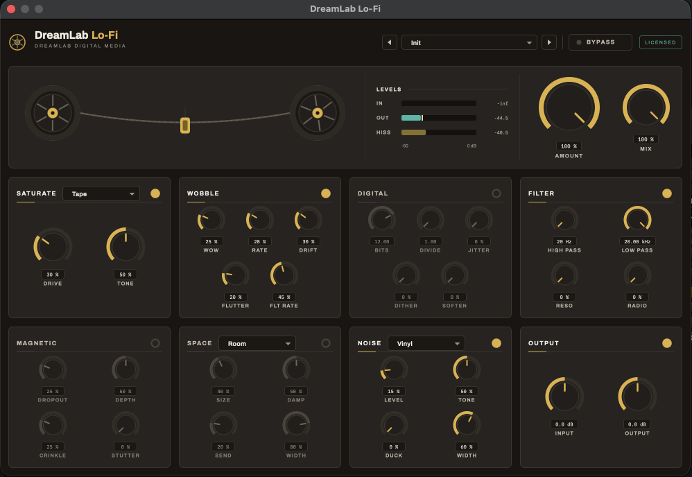 DL-LOFI interface — transport meter and levels column above Saturate, Wobble, Digital, Filter, Magnetic, Space, Noise and Output panels