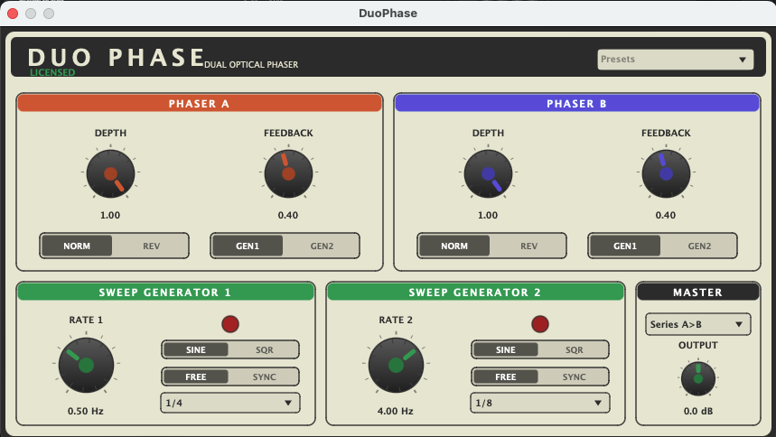 DuoPhase interface — two optical phaser sections, dual sweep generators, and master routing