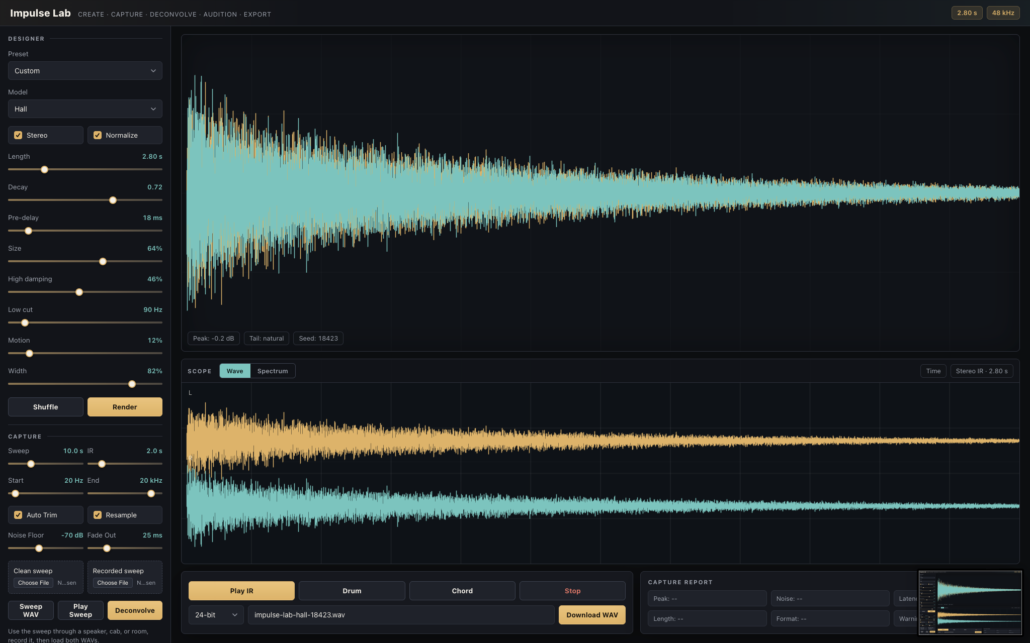 Impulse Lab interface — preset and model controls, waveform display, capture panel, and export report