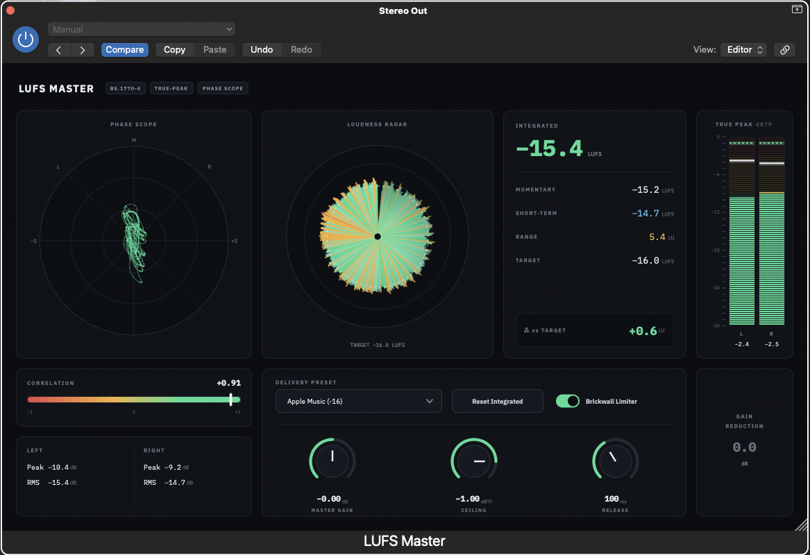 DreamLab LUFS Master interface — a goniometer phase scope and correlation meter on the left, a circular loudness radar in the center, momentary / short-term / integrated / loudness-range / target / delta-vs-target readouts, true-peak dBTP bar meters, an Apple Music (−16) delivery preset, and Master Gain / Ceiling / Release knobs with a brickwall limiter.
