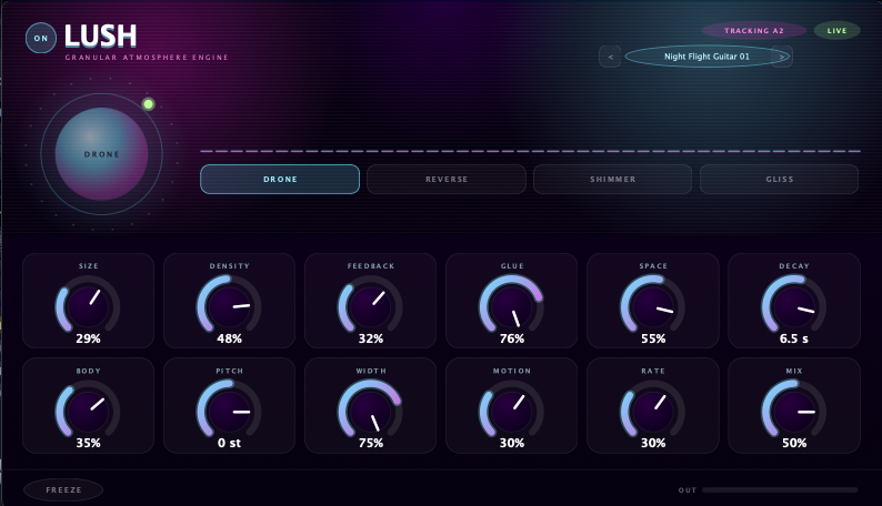 Lush interface — mode selector, grain controls, and freeze