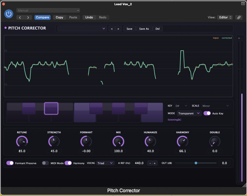 DreamLab Pitch Corrector interface — a real-time pitch display showing the amber detected-input line and the emerald corrected-output line over a C3–C5 note grid, a clickable scale keyboard set to G# Minor with per-note targets, Auto Key on, Transparent mode, and the Retune / Strength / Formant / Mix / Humanize knobs.