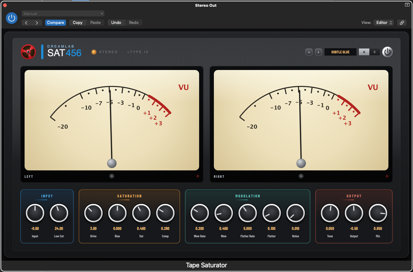 DreamLab SAT 456 interface — stereo VU meters with Input, Saturation, Modulation, and Output control sections
