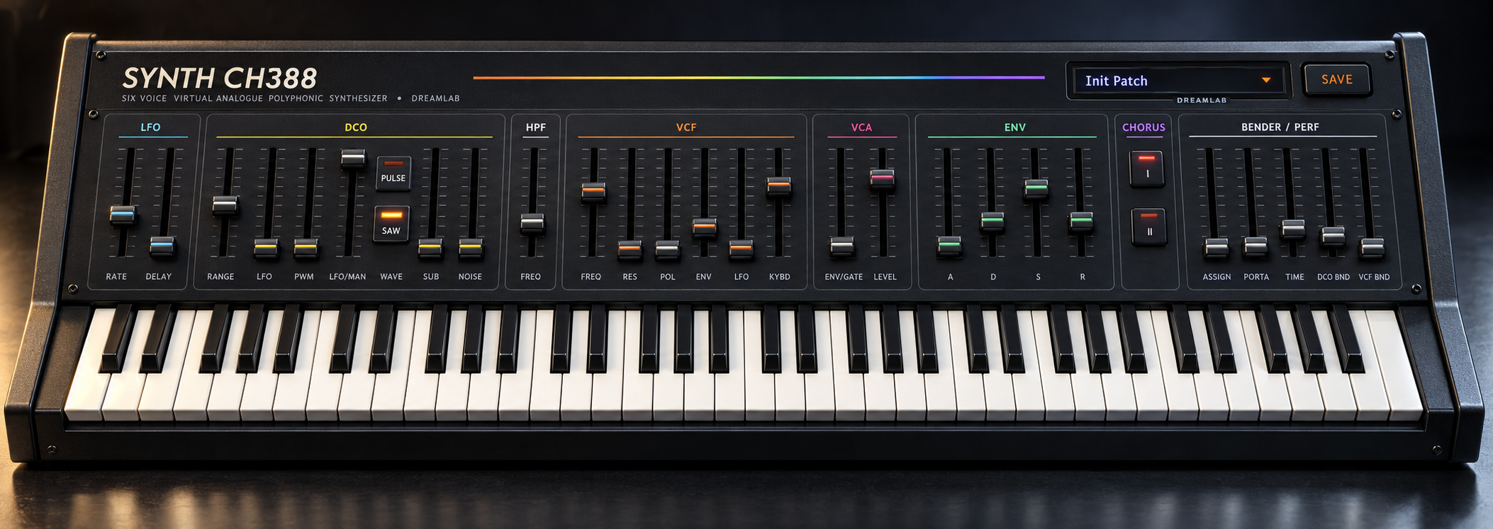 Synth CH388 — LFO, DCO, HPF, VCF, VCA, ENV, chorus and bender sections across one panel
