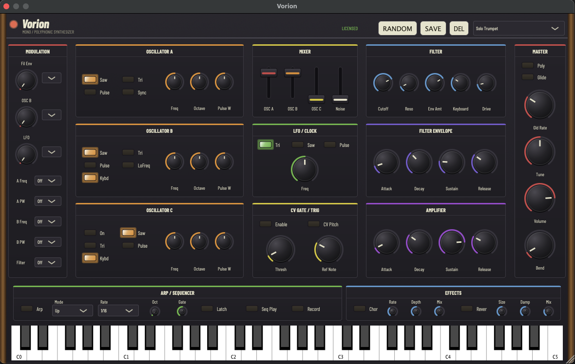 Vorion interface — modulation column, three oscillator sections, mixer, filter, LFO and clock, filter envelope, CV gate, amplifier, arp and sequencer, effects, and a playable keyboard along the bottom