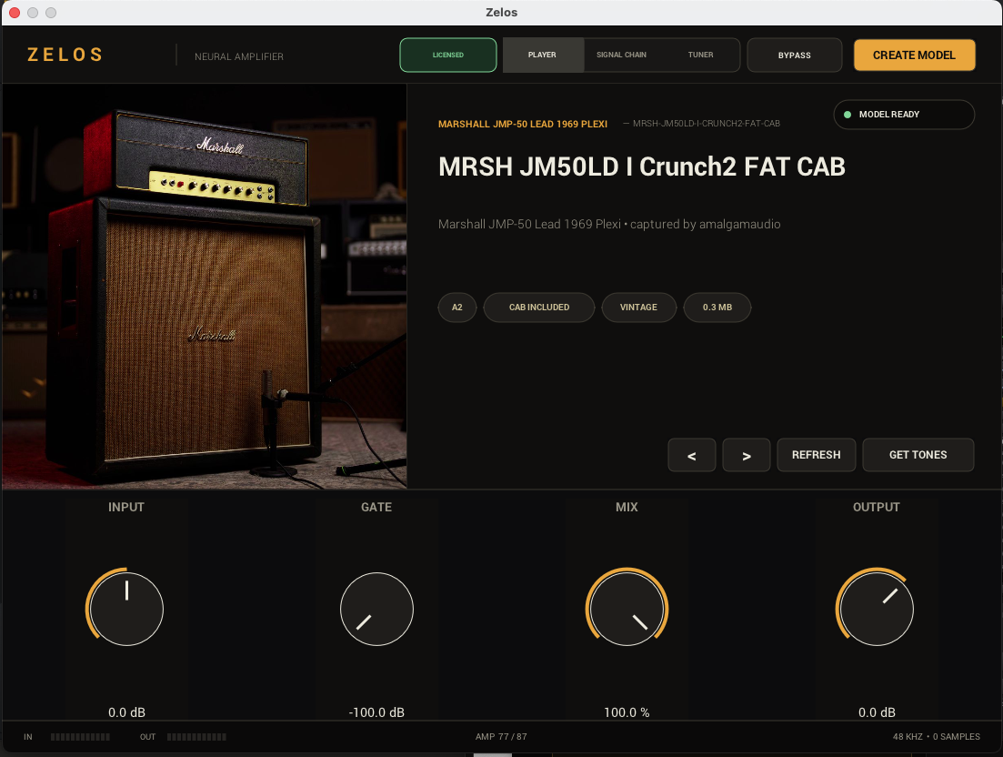 DreamLab Zelos — model player showing a loaded amp capture with input, gate, mix and output controls