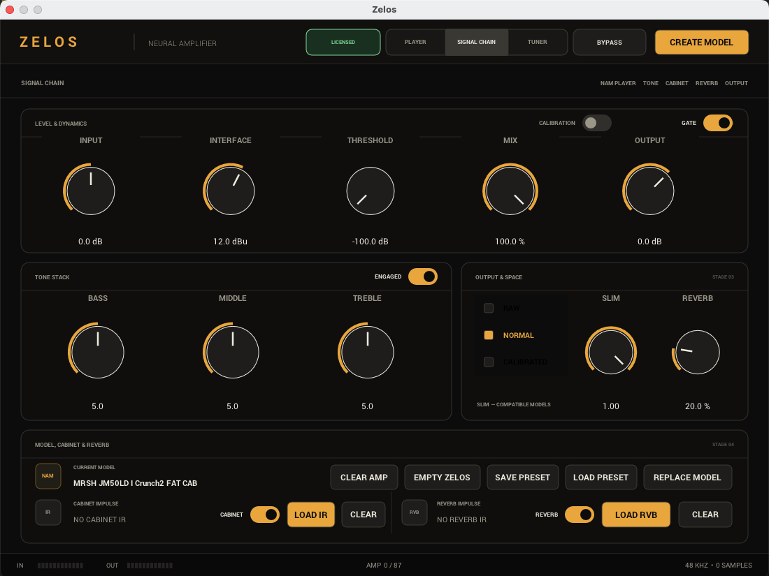 DreamLab Zelos — signal chain view with level and dynamics, tone stack, output and space, and model, cabinet and reverb panels